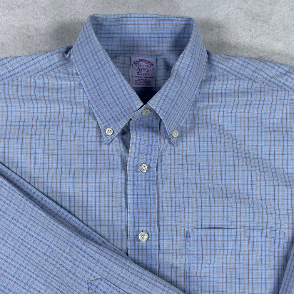 Brooks Brothers Non-Iron Supima Cotton Blue Check Button Down Shirt 16.5 34